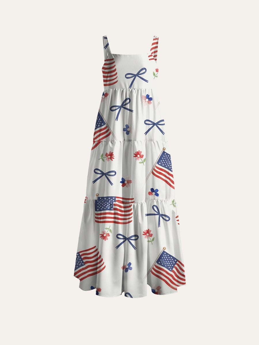 USA Flag Bow Patriotic Watercolor Adjustable Wide Straps Maxi Dress