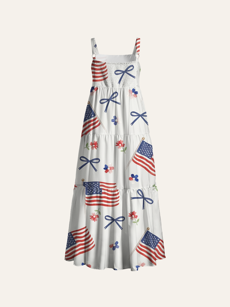 USA Flag Bow Patriotic Watercolor Adjustable Wide Straps Maxi Dress