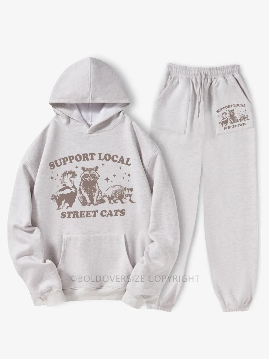 Vintage Support Local Street Cats Raccoon Fleece Hoodie Suit