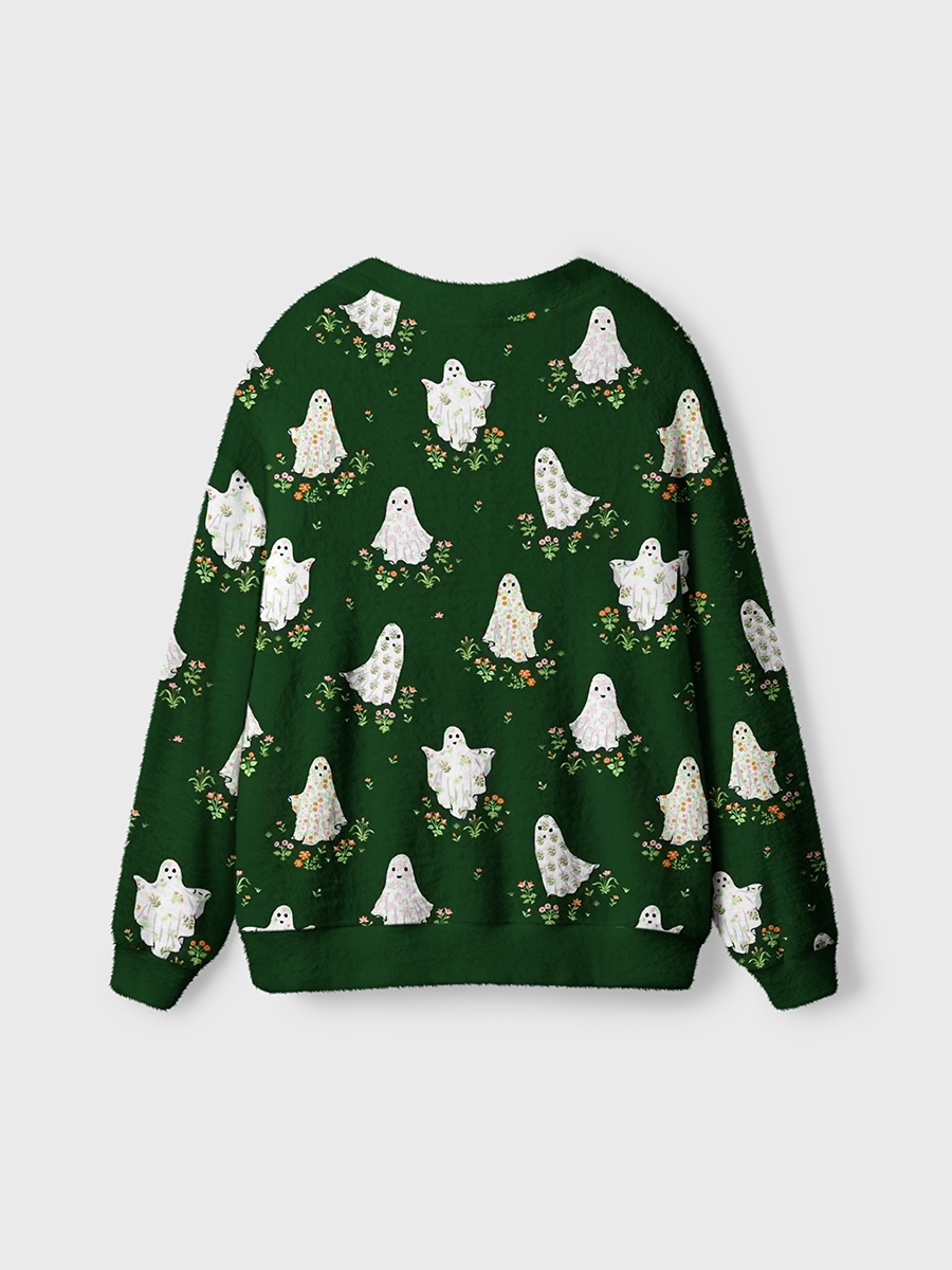 Vintage Cottagecore Floral Ghost Dark Green Halloween Cardigan Sweaters