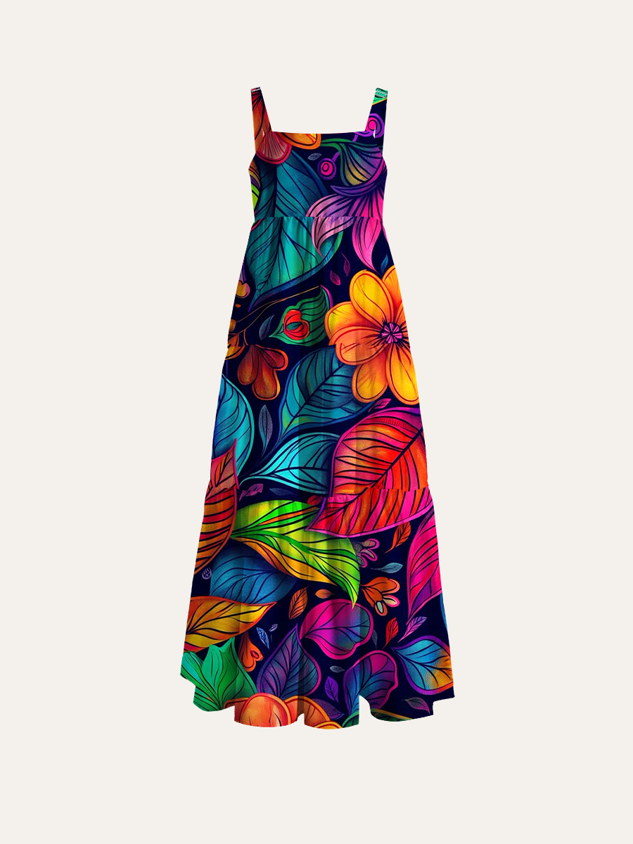 Neon Tropical Floral Tribal Adjustable Wide Straps Maxi Dress