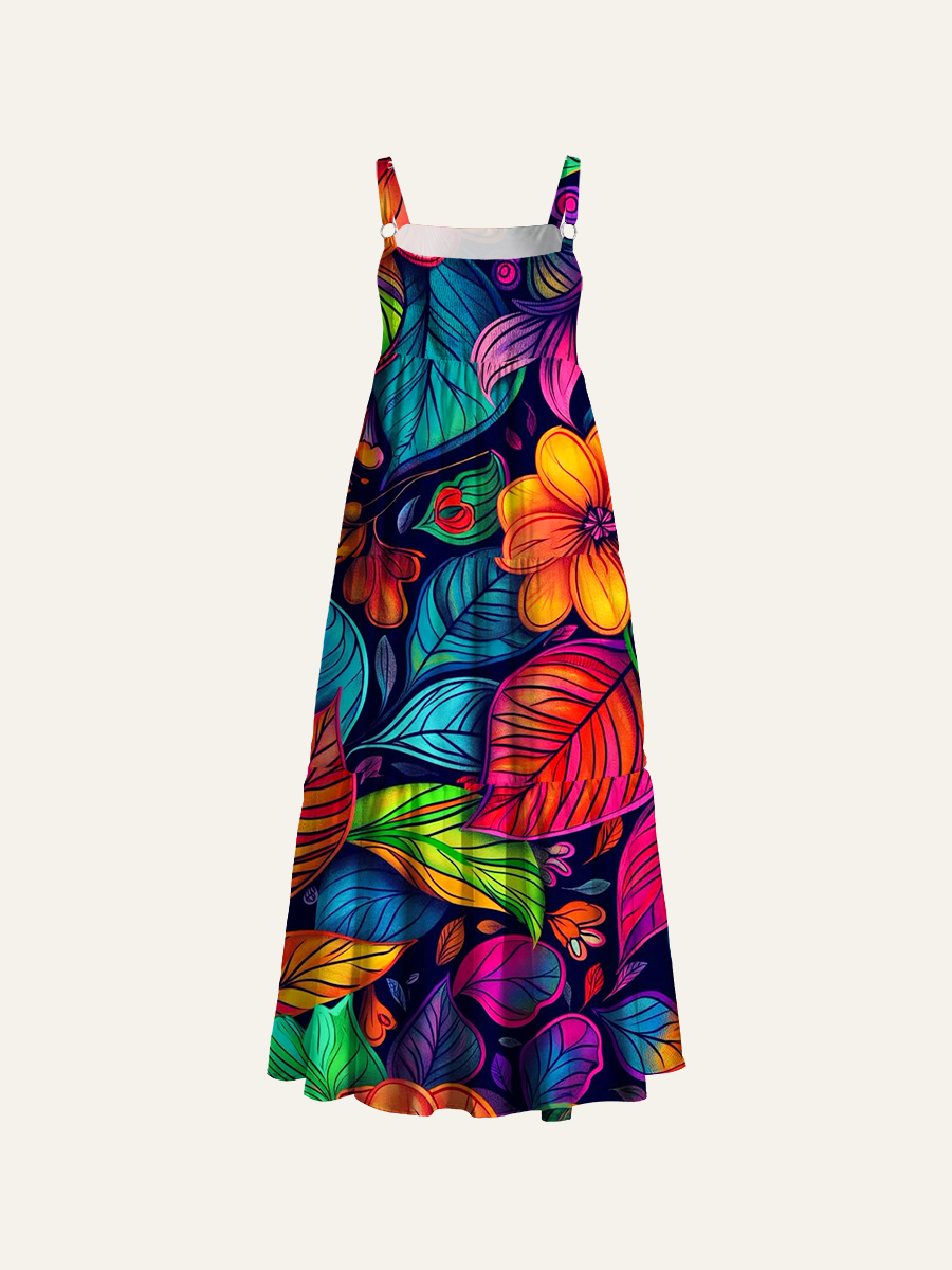 Neon Tropical Floral Tribal Adjustable Wide Straps Maxi Dress