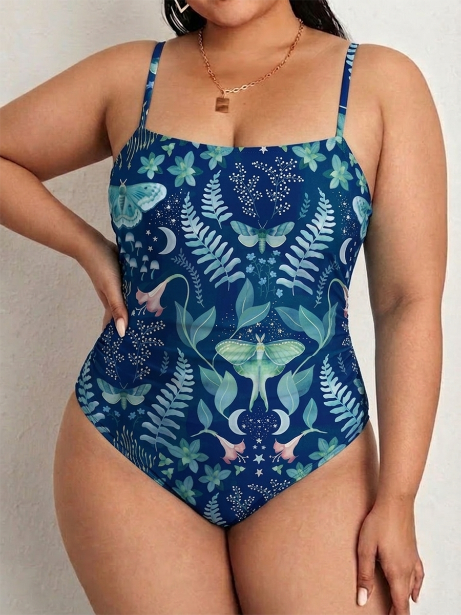 Vintage Celestial Night Garden Print One Piece Slim-Strap Swimsuit