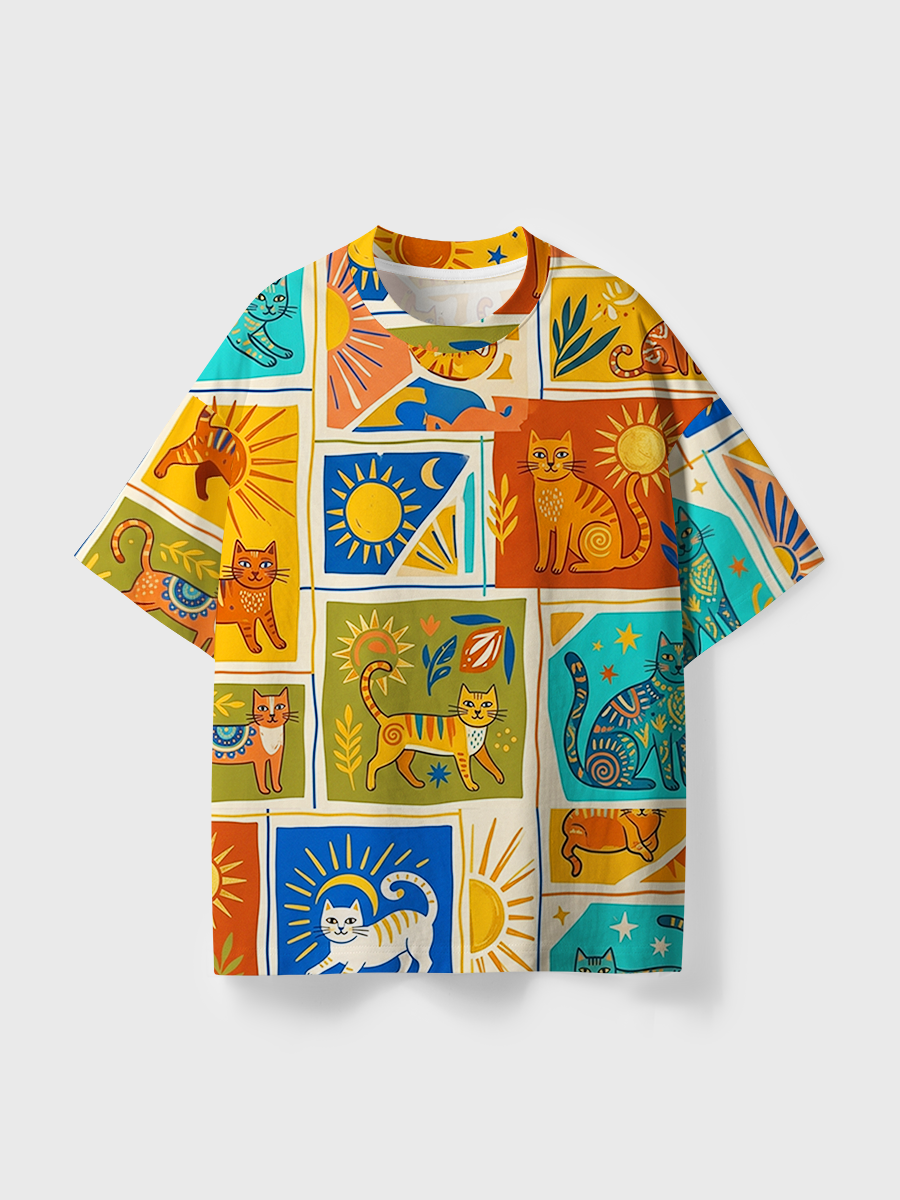 Vintage  Modern Bohemian Style Cats All Over Print T-Shirt
