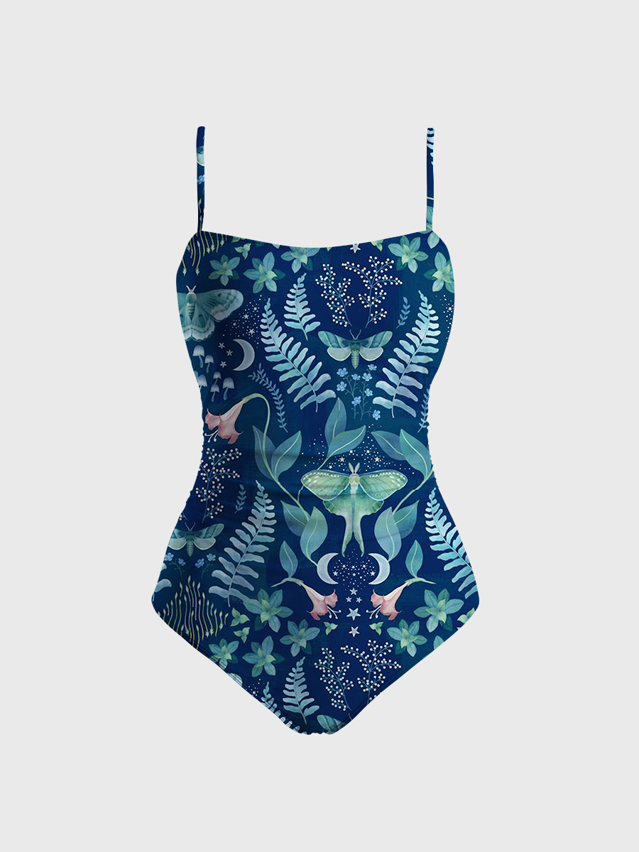 Vintage Celestial Night Garden Print One Piece Slim-Strap Swimsuit