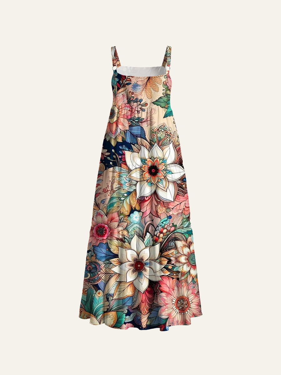 Mandala Floral Adjustable Wide Straps Maxi Dress