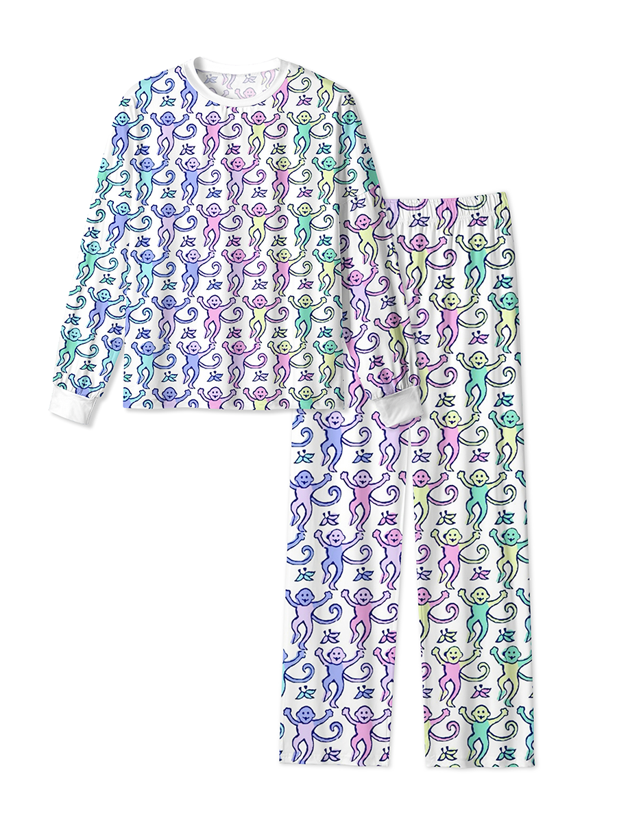 Vintage Gradient Colorful Cartoon Monkeys And Leaves Pajamas
