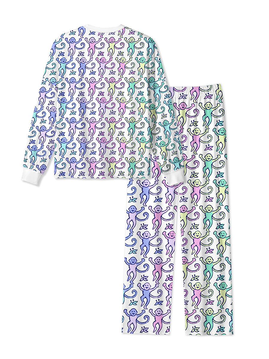 Vintage Gradient Colorful Cartoon Monkeys And Leaves Pajamas