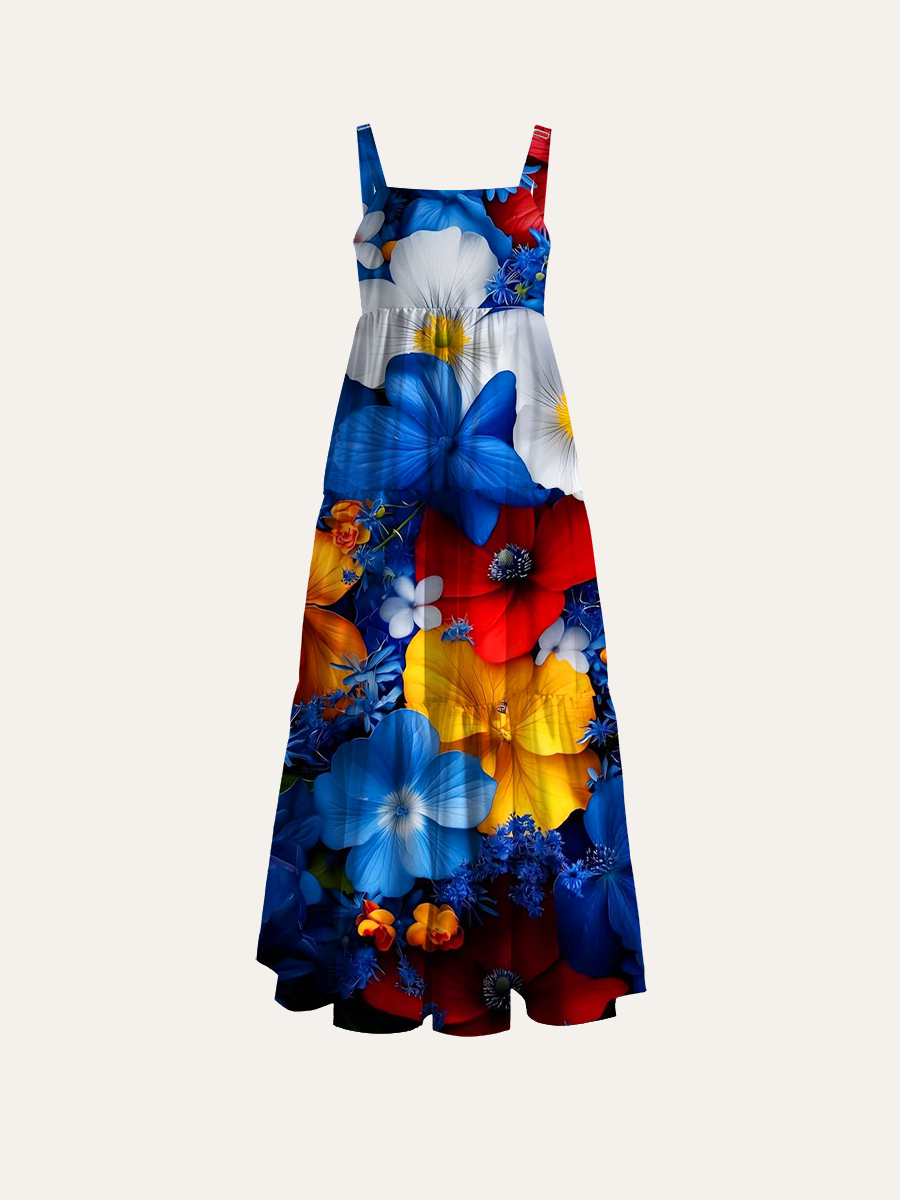 Patriotic Floral Collage Adjustable Wide Straps Maxi Dress