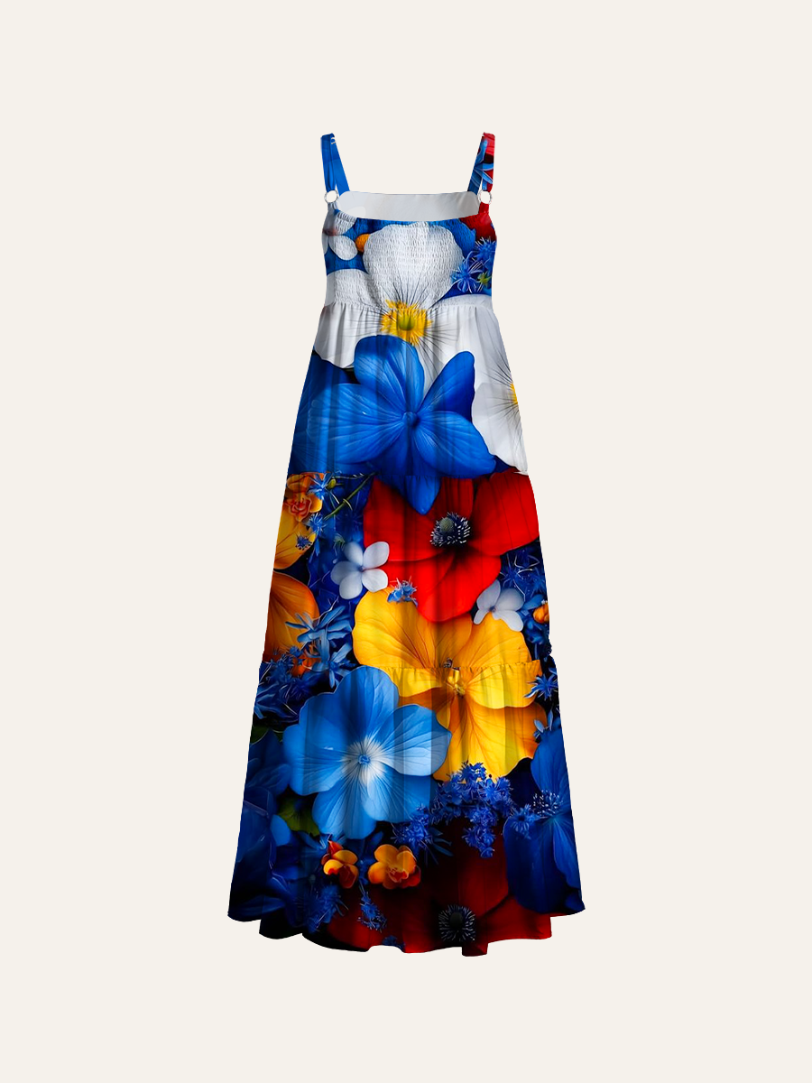 Patriotic Floral Collage Adjustable Wide Straps Maxi Dress