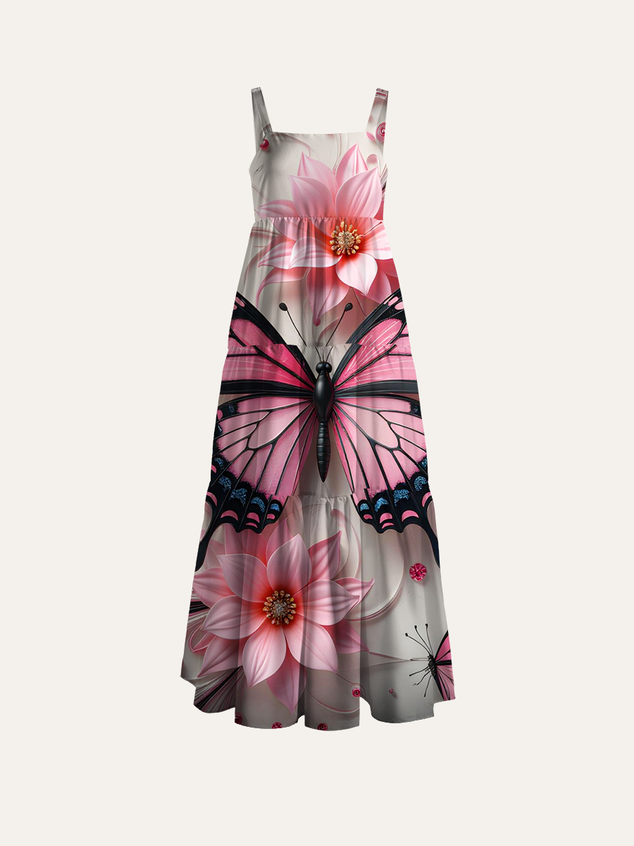 Pink Black Butterfly Floral Adjustable Wide Straps Maxi Dress