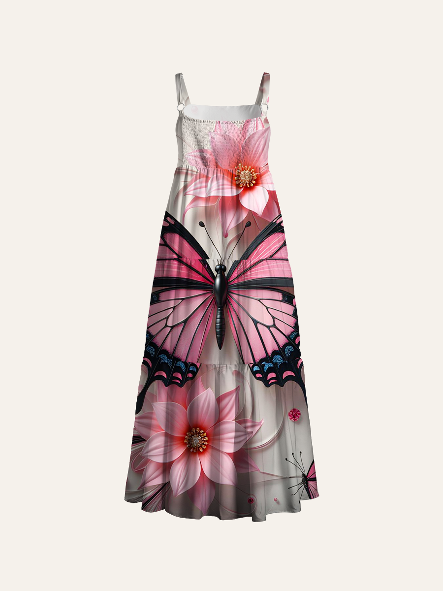 Pink Black Butterfly Floral Adjustable Wide Straps Maxi Dress