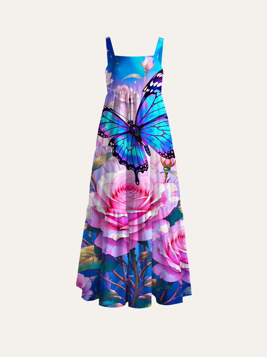 Neon Blue Glitter Butterfly Pink Rose Galaxy Adjustable Wide Straps Maxi Dress