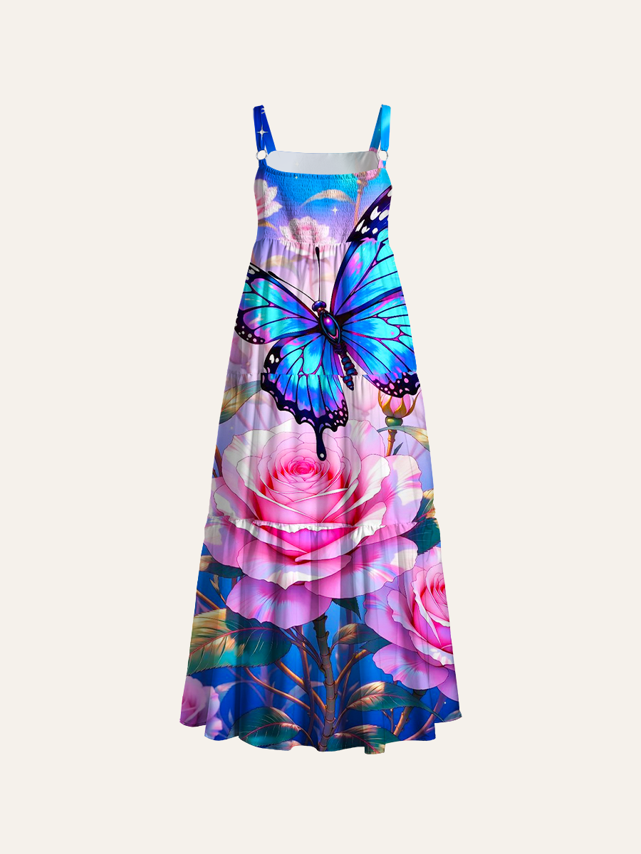 Neon Blue Glitter Butterfly Pink Rose Galaxy Adjustable Wide Straps Maxi Dress