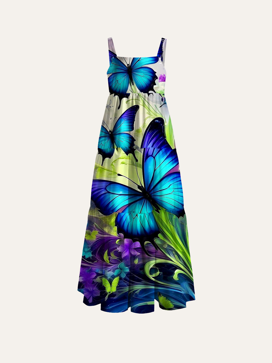 Gradient Butterfly Dreamy Floral Fluid Adjustable Wide Straps Maxi Dress