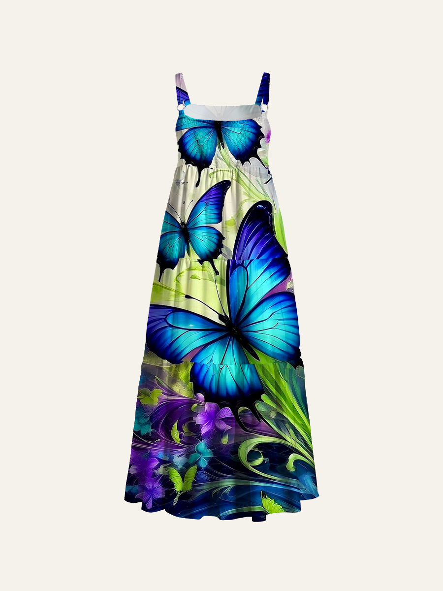 Gradient Butterfly Dreamy Floral Fluid Adjustable Wide Straps Maxi Dress