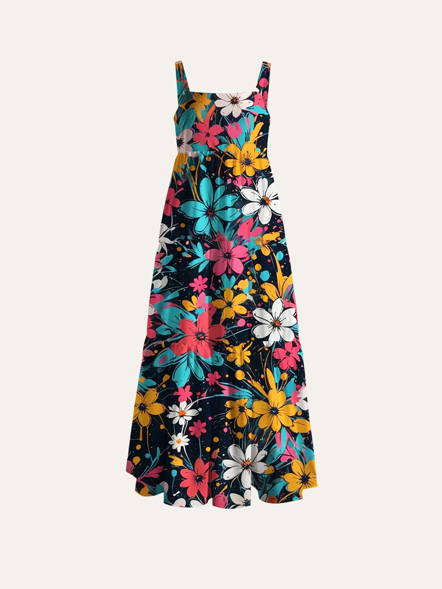 Graffiti-Style Floral Burst Adjustable Wide Straps Maxi Dress