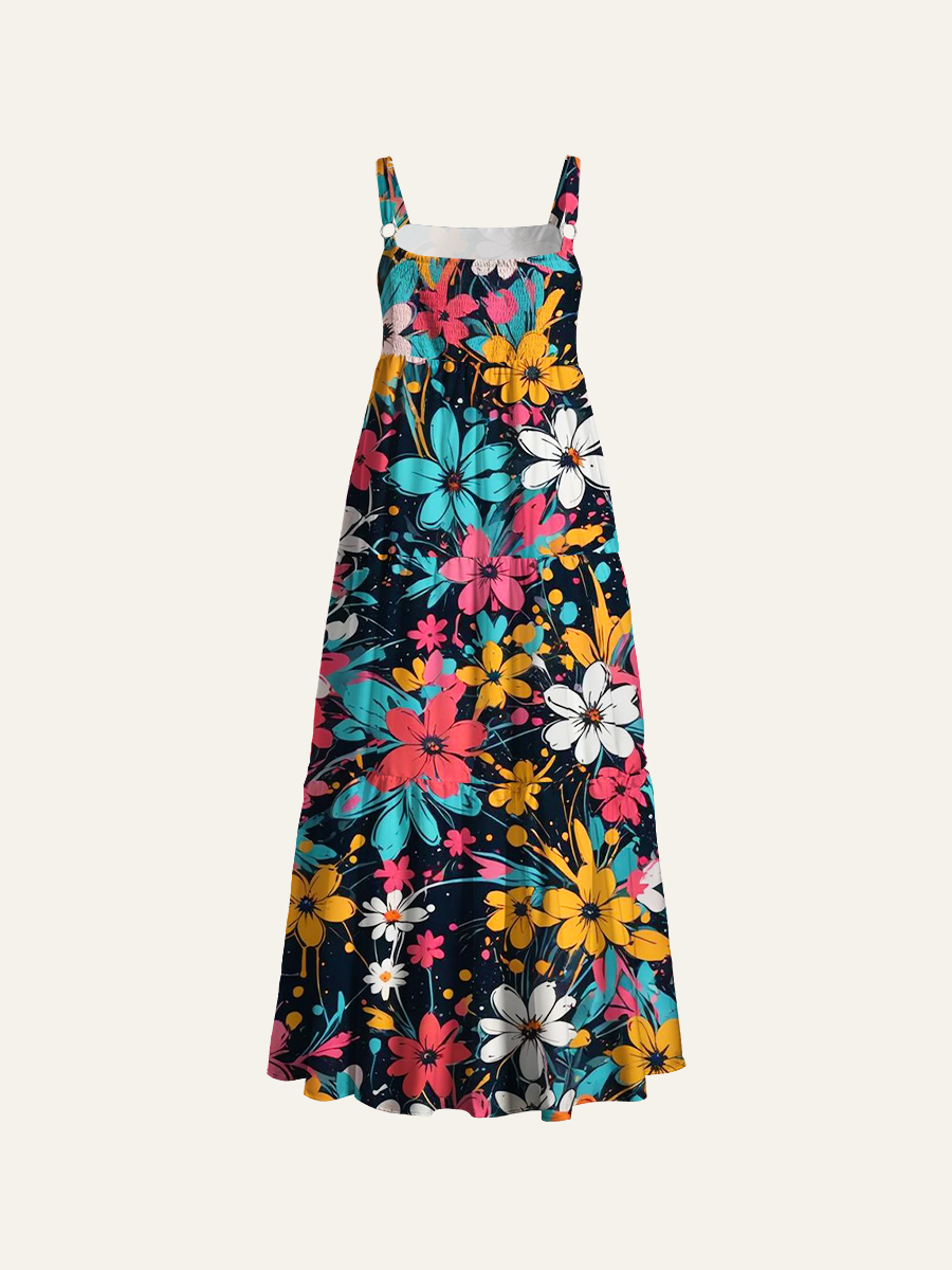 Graffiti-Style Floral Burst Adjustable Wide Straps Maxi Dress
