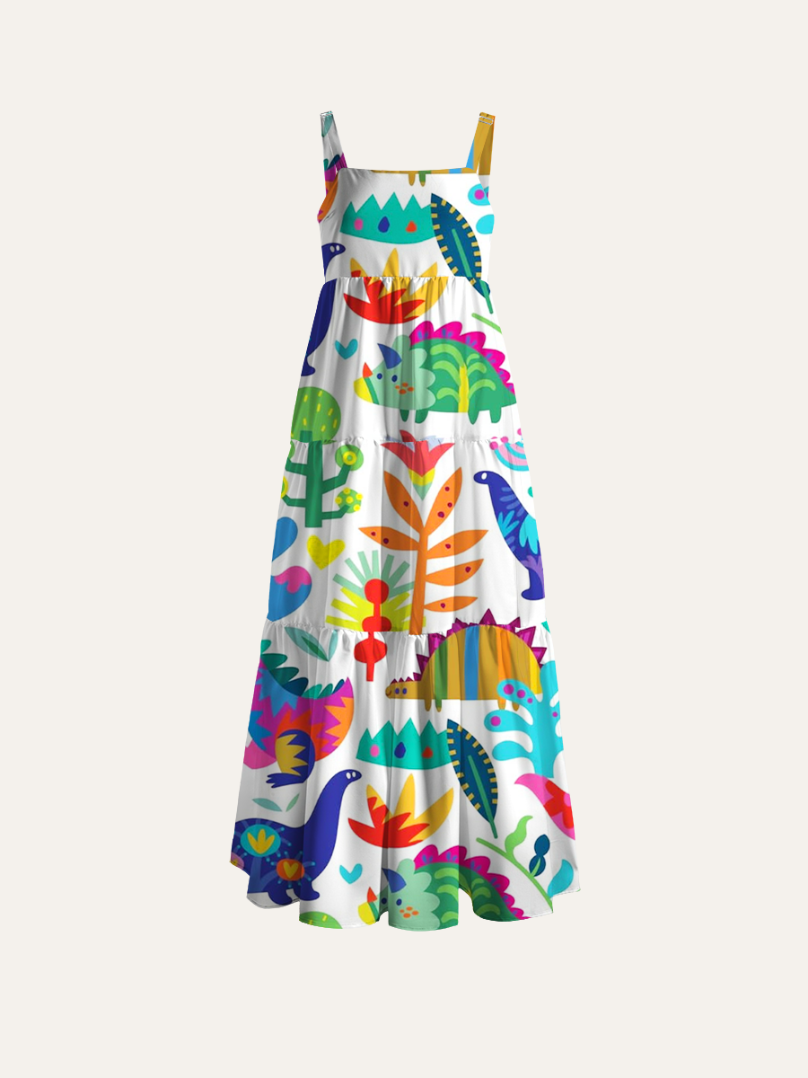 Playful Dino Garden Adjustable Wide Straps Maxi Dress