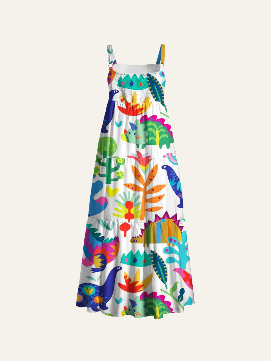 Playful Dino Garden Adjustable Wide Straps Maxi Dress