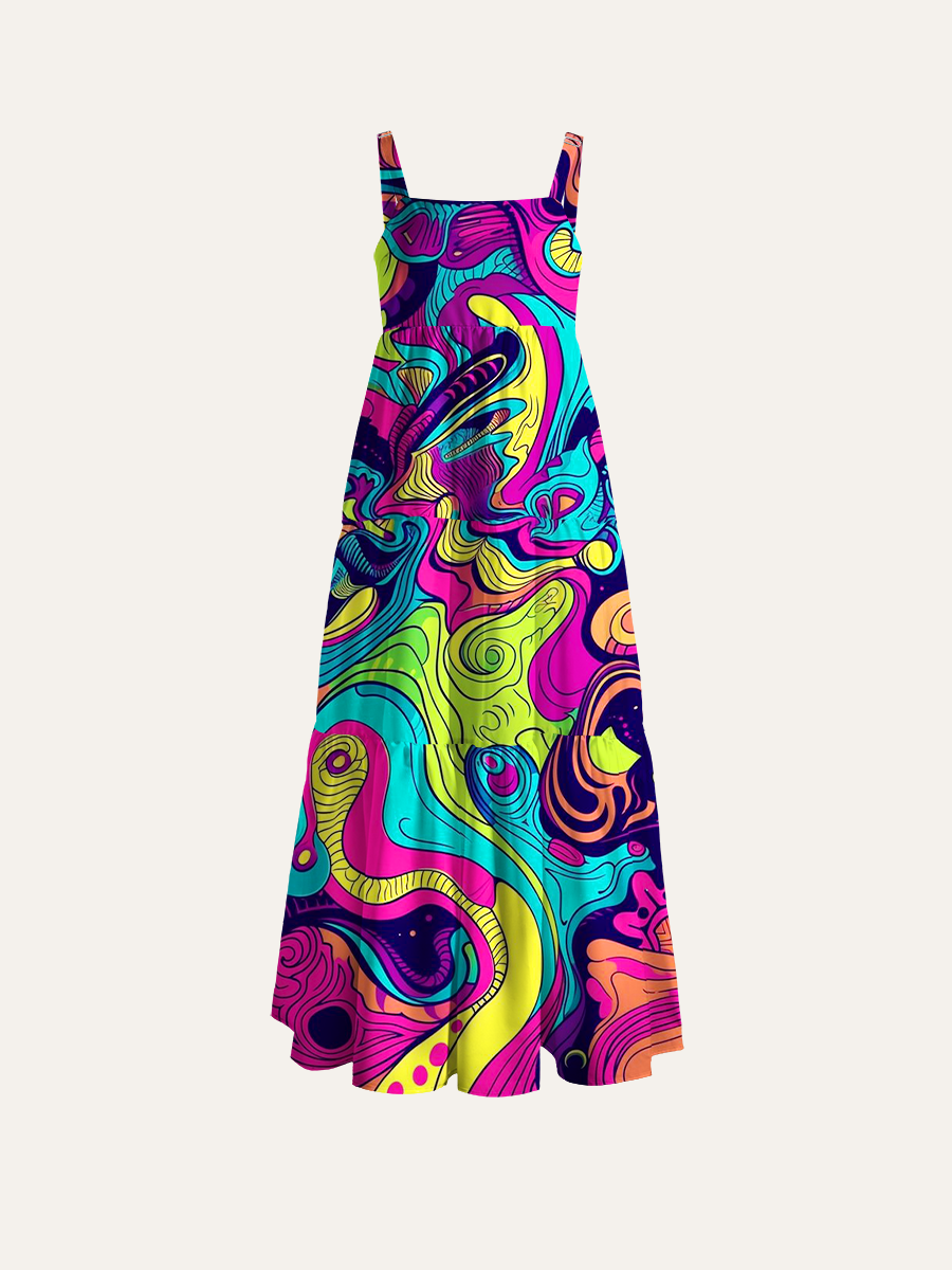 Psychedelic Neon Swirls Adjustable Wide Straps Maxi Dress