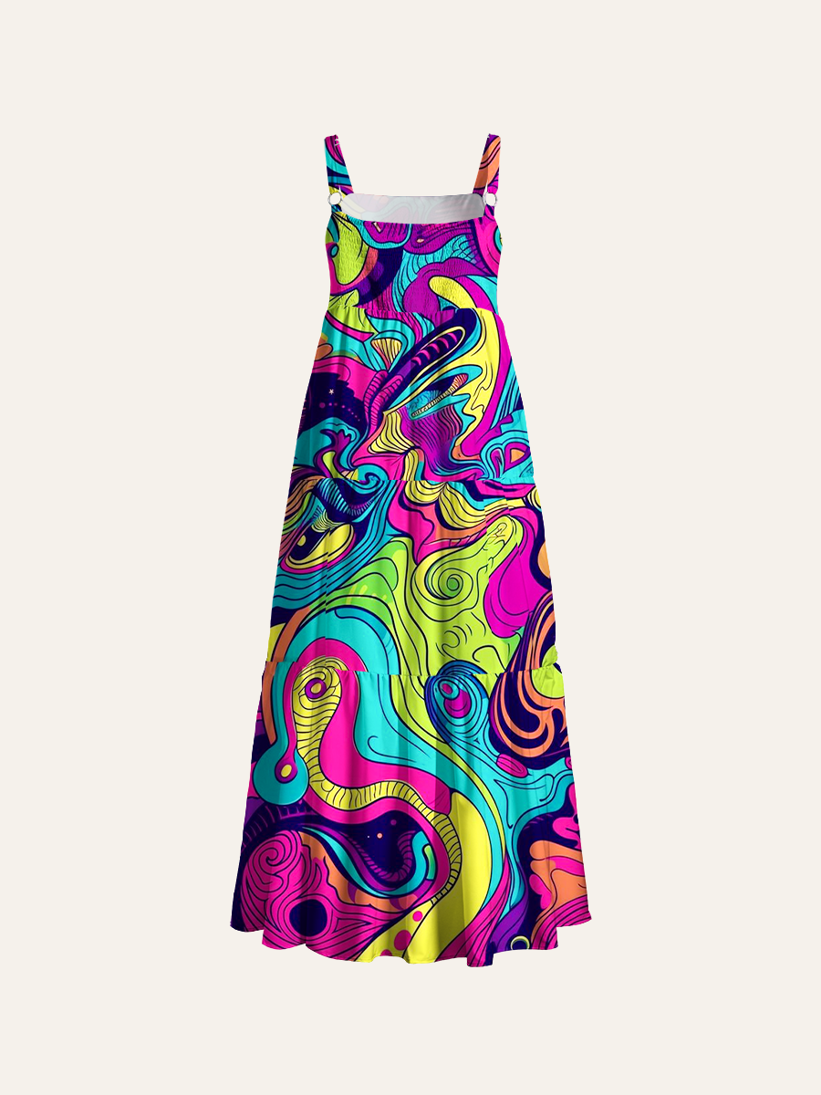 Psychedelic Neon Swirls Adjustable Wide Straps Maxi Dress