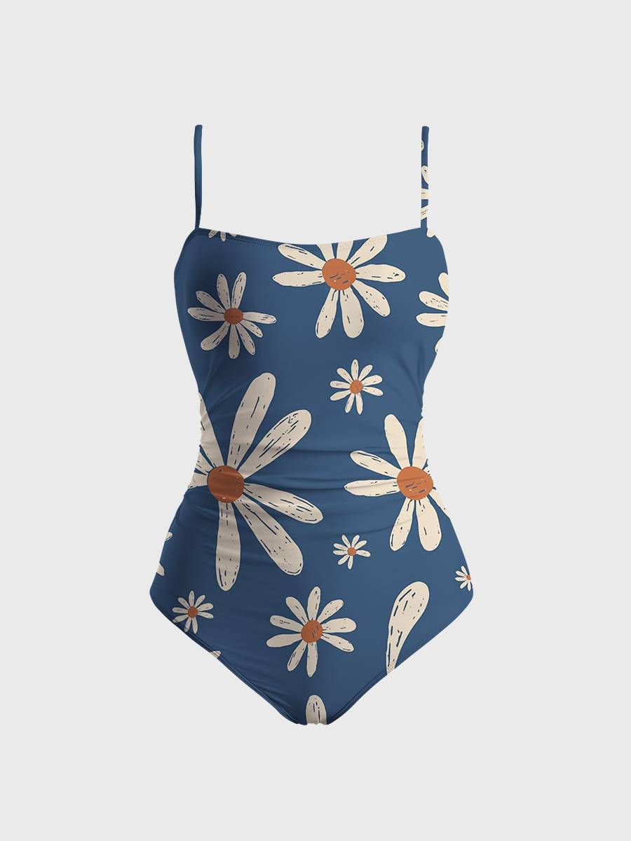 Vintage oho Hand-Drawn Daisy One Piece Slim-Strap Swimsuit