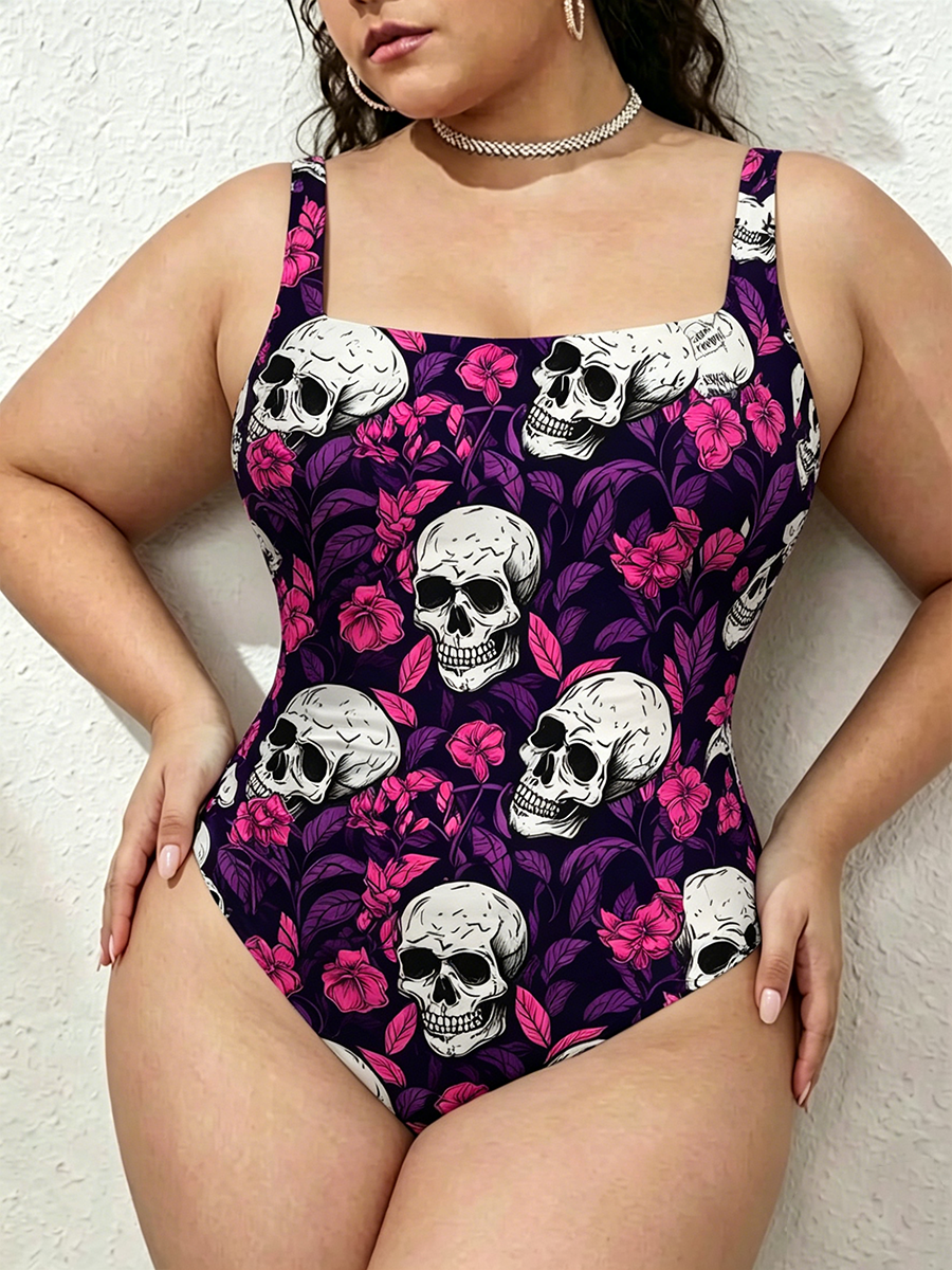 Vintage Skull & Rose Grunge Pattern Gathered Swimsuit