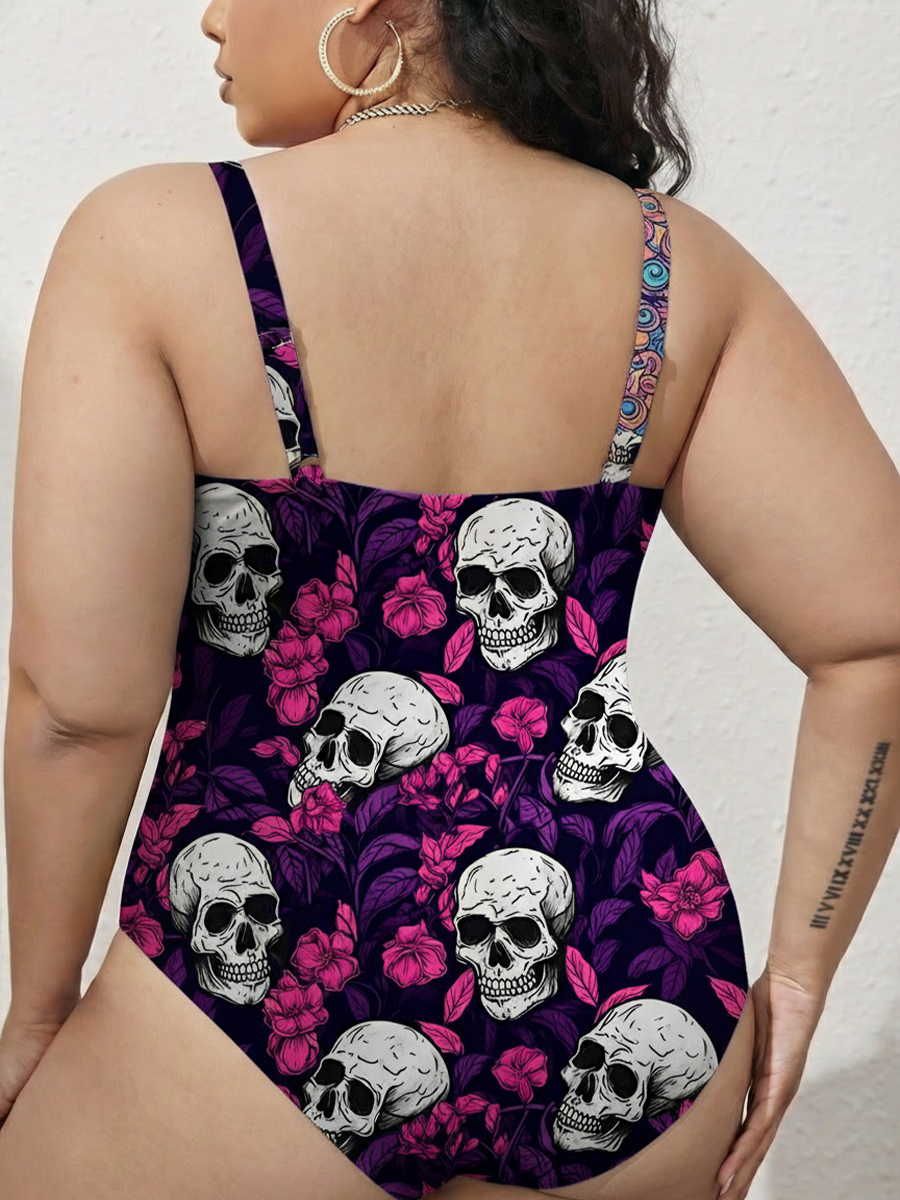 Vintage Skull & Rose Grunge Pattern Gathered Swimsuit