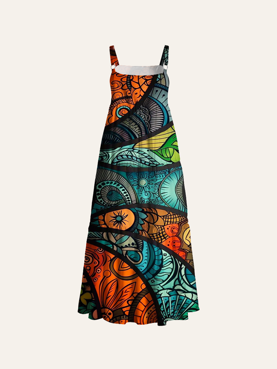 Psychedelic Boho Swirls Adjustable Wide Straps Maxi Dress