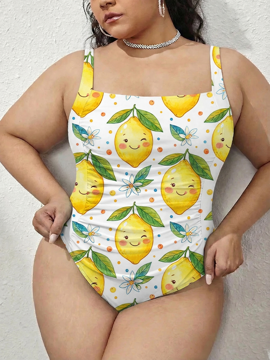 Vintage Cute Smiling Lemons Gathered Swimsuit