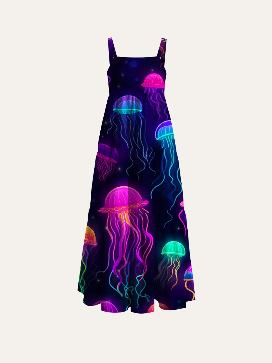Psychedelic Jellyfish Swirl Adjustable Wide Straps Maxi Dress