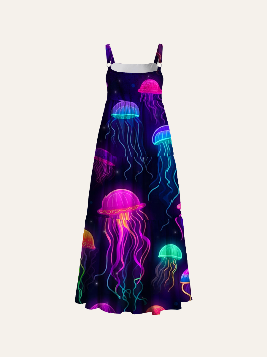 Psychedelic Jellyfish Swirl Adjustable Wide Straps Maxi Dress
