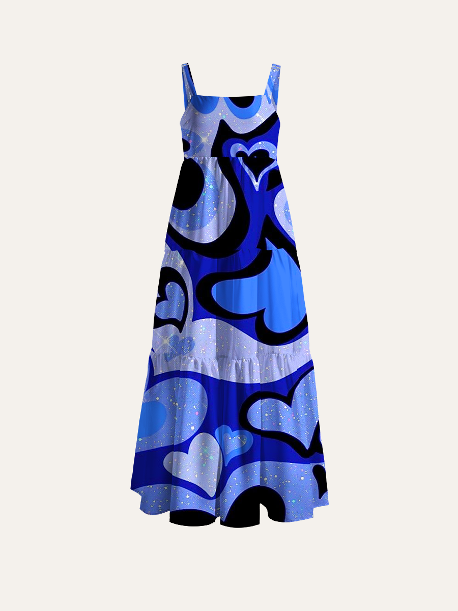 Blue Glitter Hearts & Swirls Adjustable Wide Straps Maxi Dress