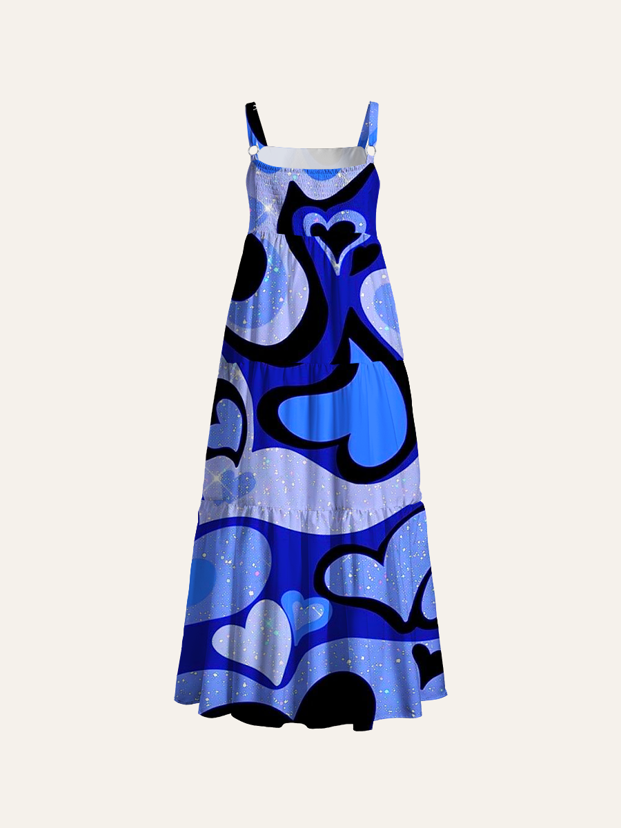Blue Glitter Hearts & Swirls Adjustable Wide Straps Maxi Dress