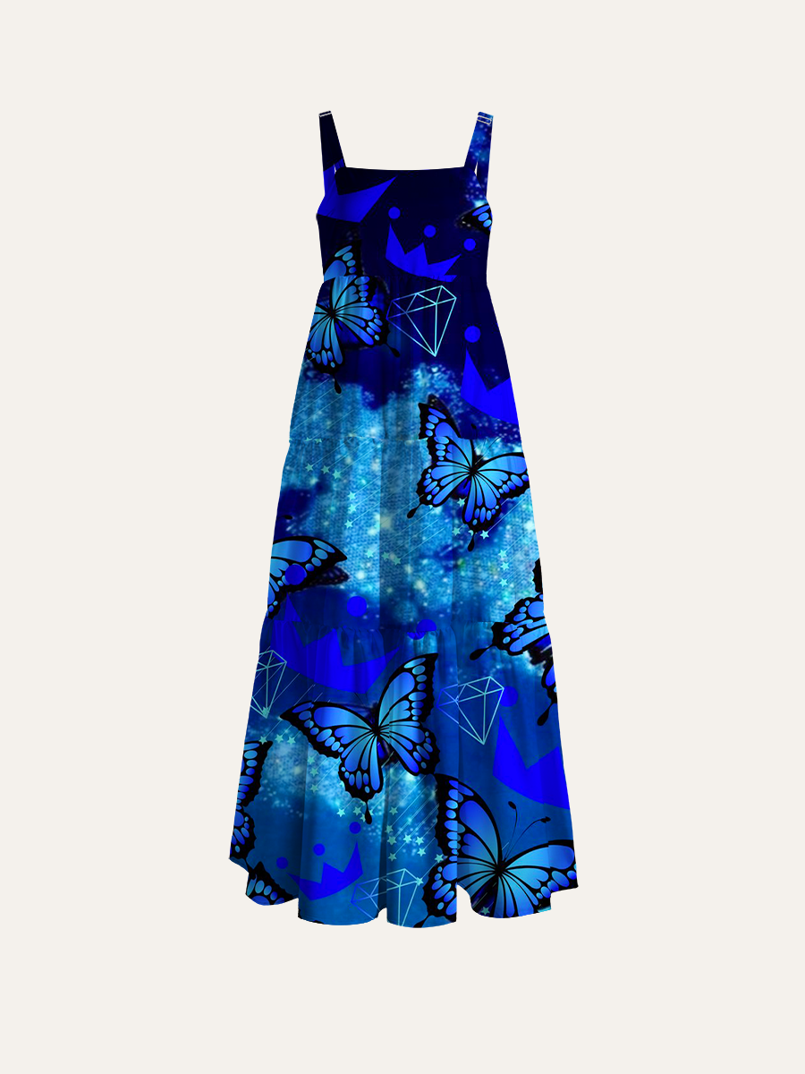 Celestial Butterfly Crowns Adjustable Wide Straps Maxi Dress