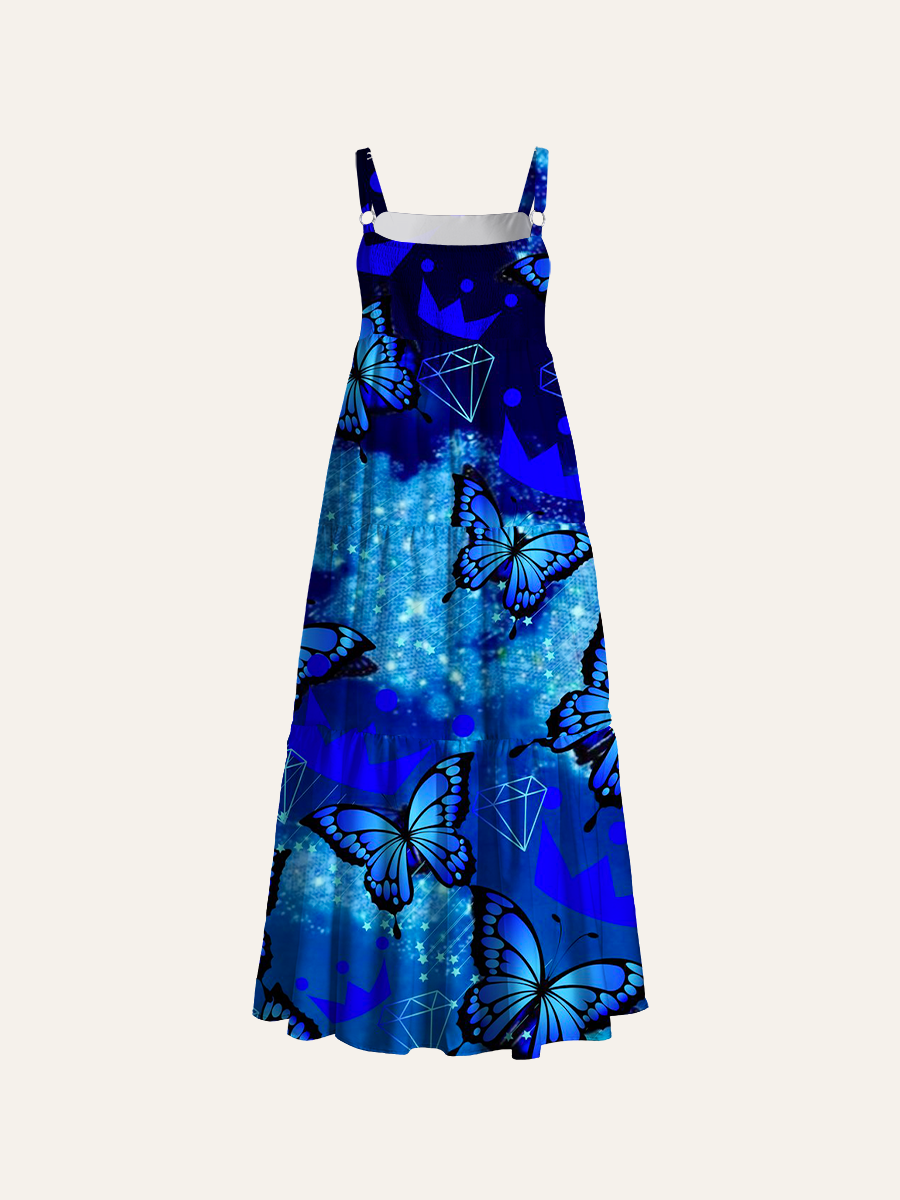 Celestial Butterfly Crowns Adjustable Wide Straps Maxi Dress