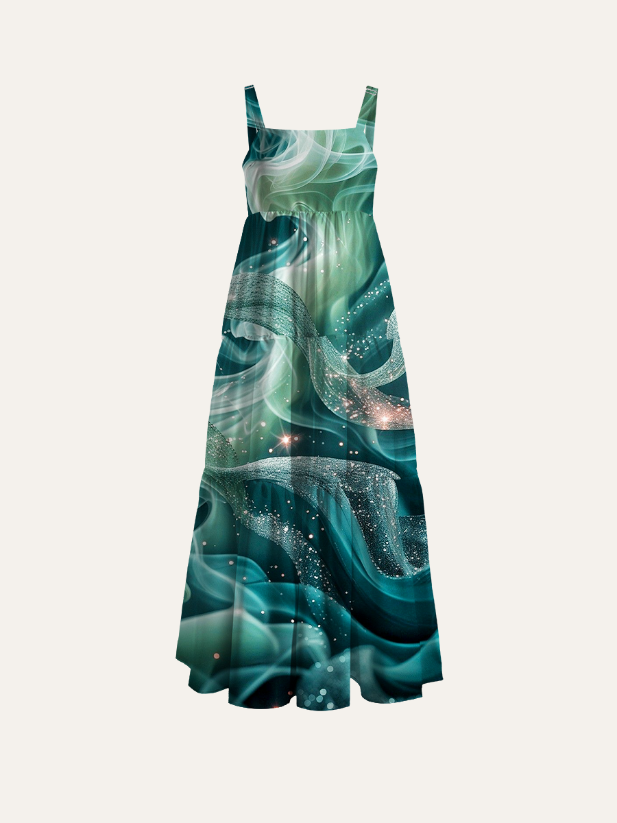 Enchanted Emerald Swirl Adjustable Wide Straps Maxi Dress