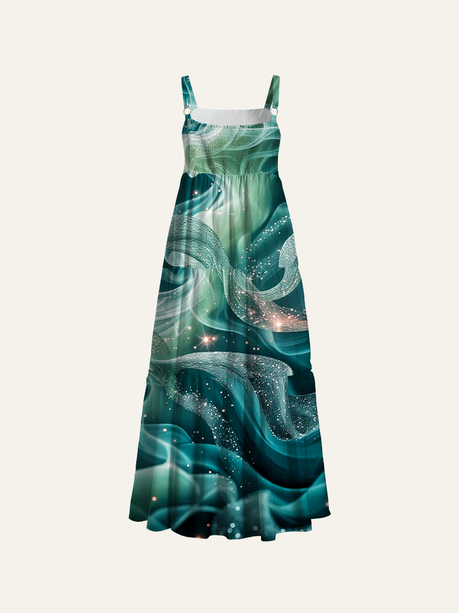 Enchanted Emerald Swirl Adjustable Wide Straps Maxi Dress