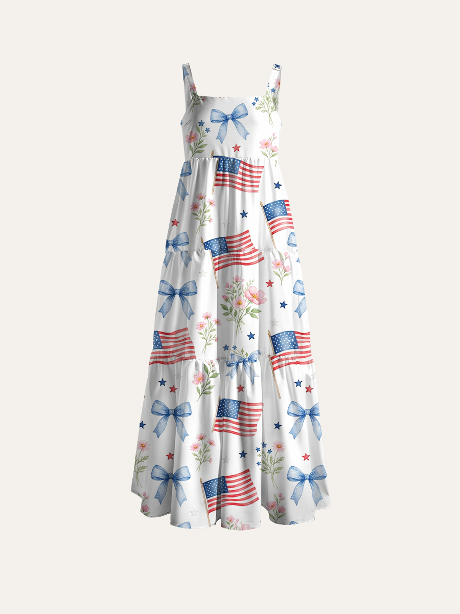 Patriotic Bows & Blooms Adjustable Wide Straps Maxi Dress