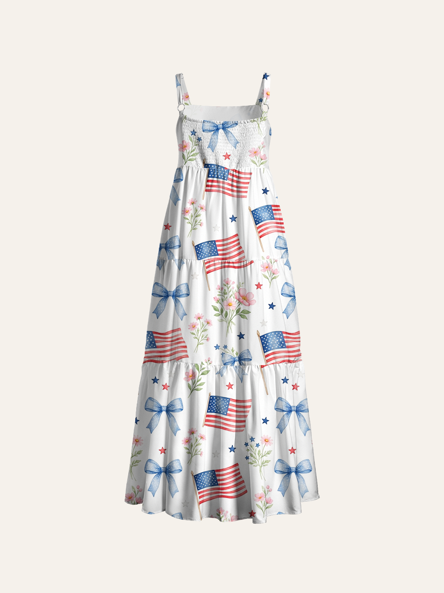 Patriotic Bows & Blooms Adjustable Wide Straps Maxi Dress