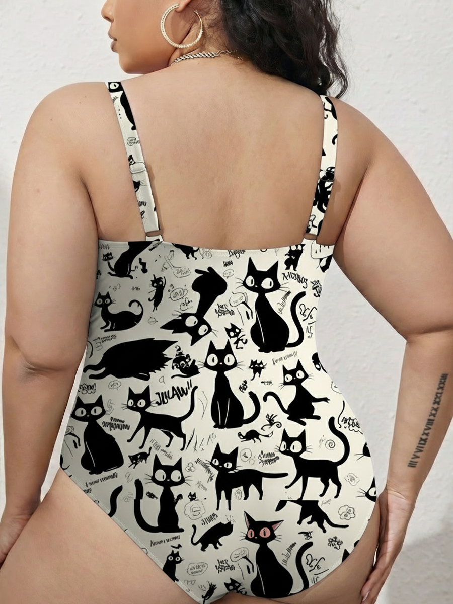 Vintage Black Cat Sketch Doodle Art Gathered Swimsuit