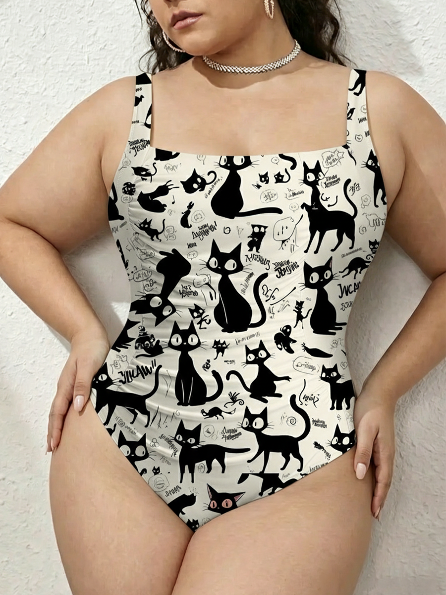 Vintage Black Cat Sketch Doodle Art Gathered Swimsuit