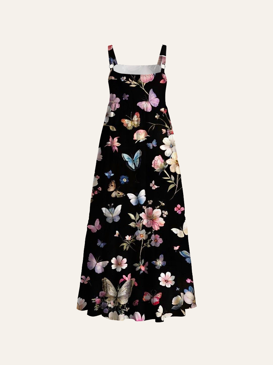 Nocturnal Butterfly Blooms Adjustable Wide Straps Maxi Dress