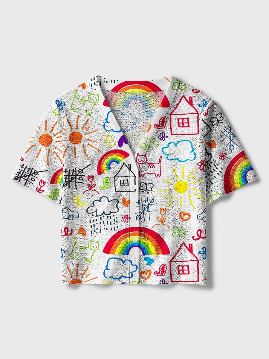 Kid Doodle Primary Rainbow House Animal Crochet Button Down Cardigan