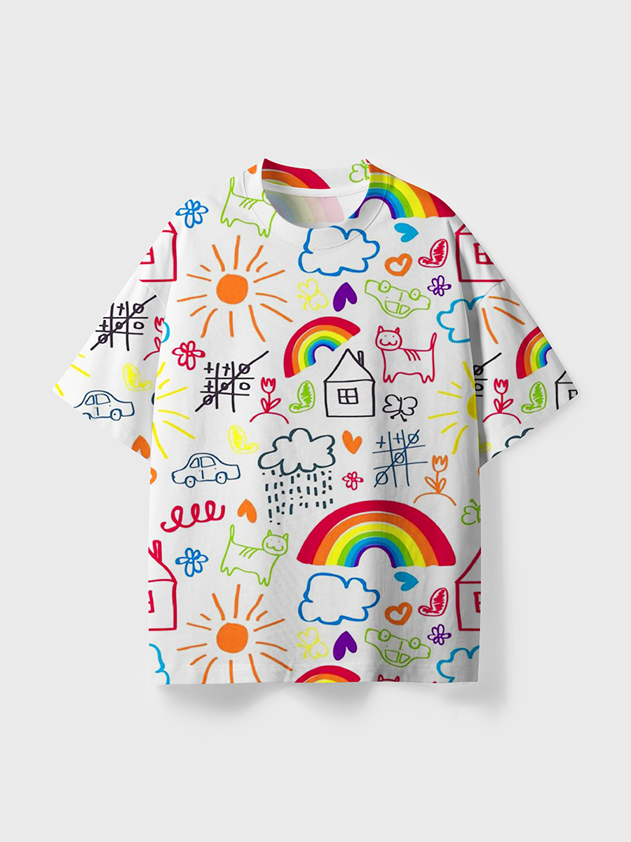 Vintage Kid Doodle Primary Rainbow House Animal All Over Print T-Shirt