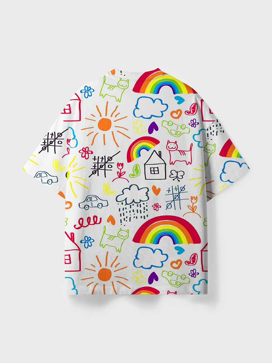 Vintage Kid Doodle Primary Rainbow House Animal All Over Print T-Shirt