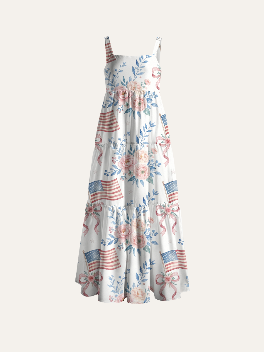 Pastel Patriot Blooms Adjustable Wide Straps Maxi Dress