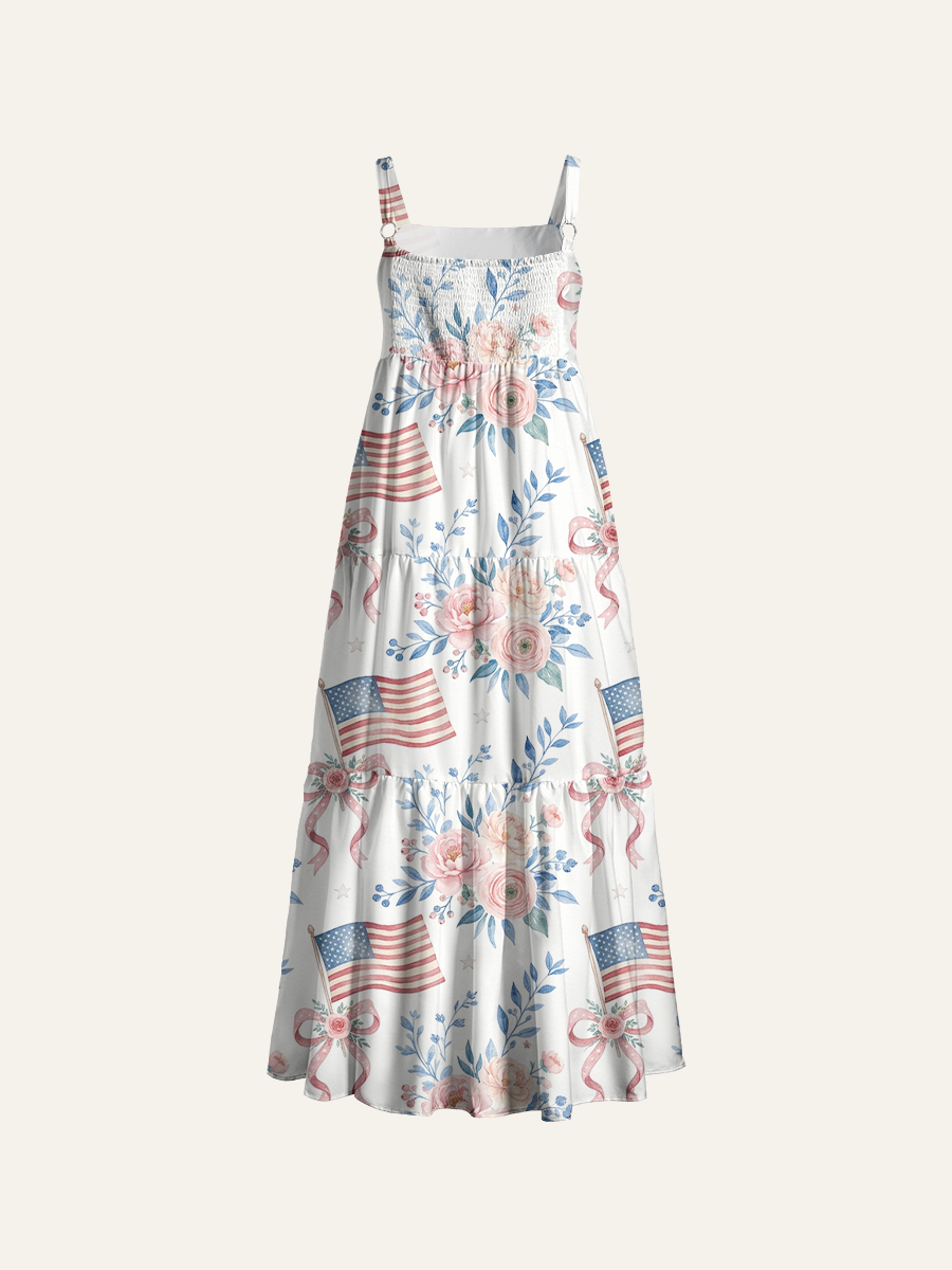 Pastel Patriot Blooms Adjustable Wide Straps Maxi Dress