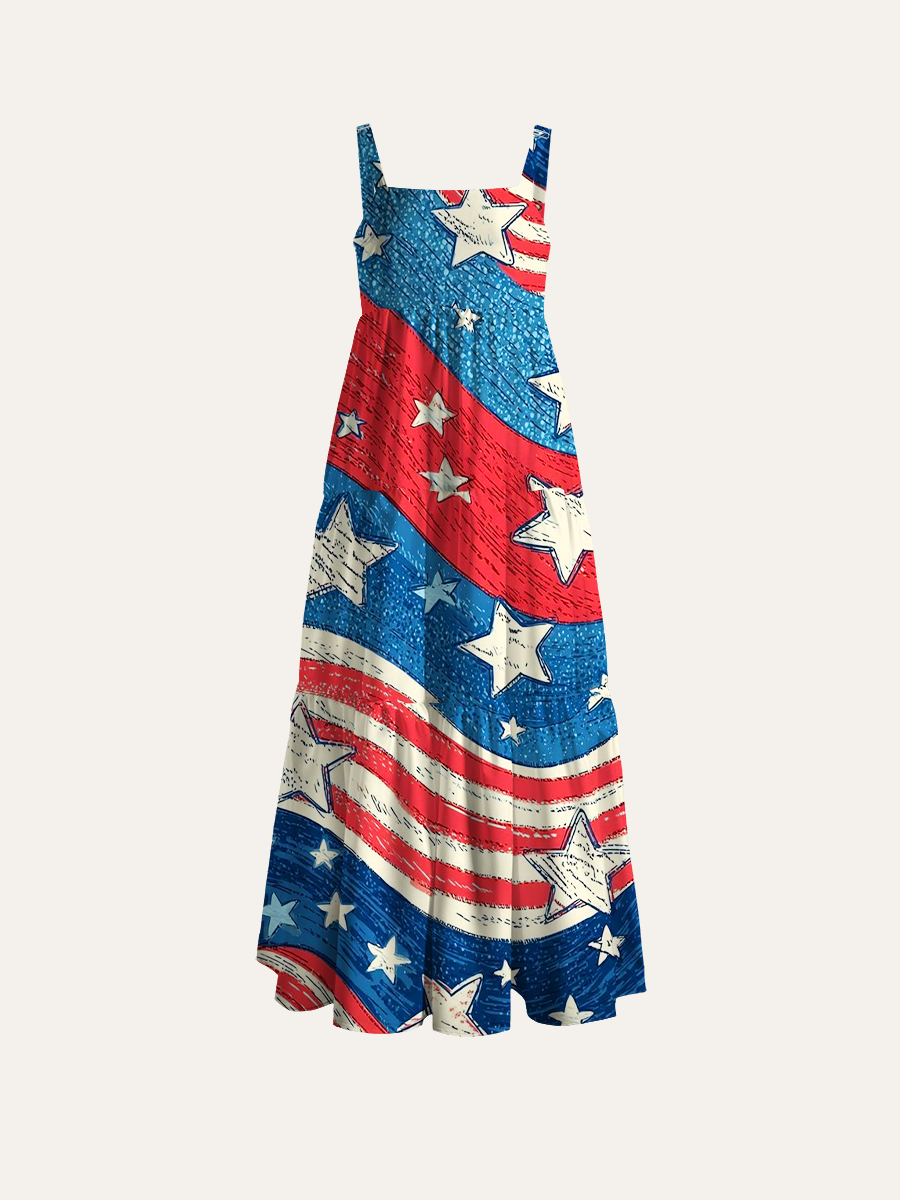 Whimsical Americana Waves Adjustable Wide Straps Maxi Dress